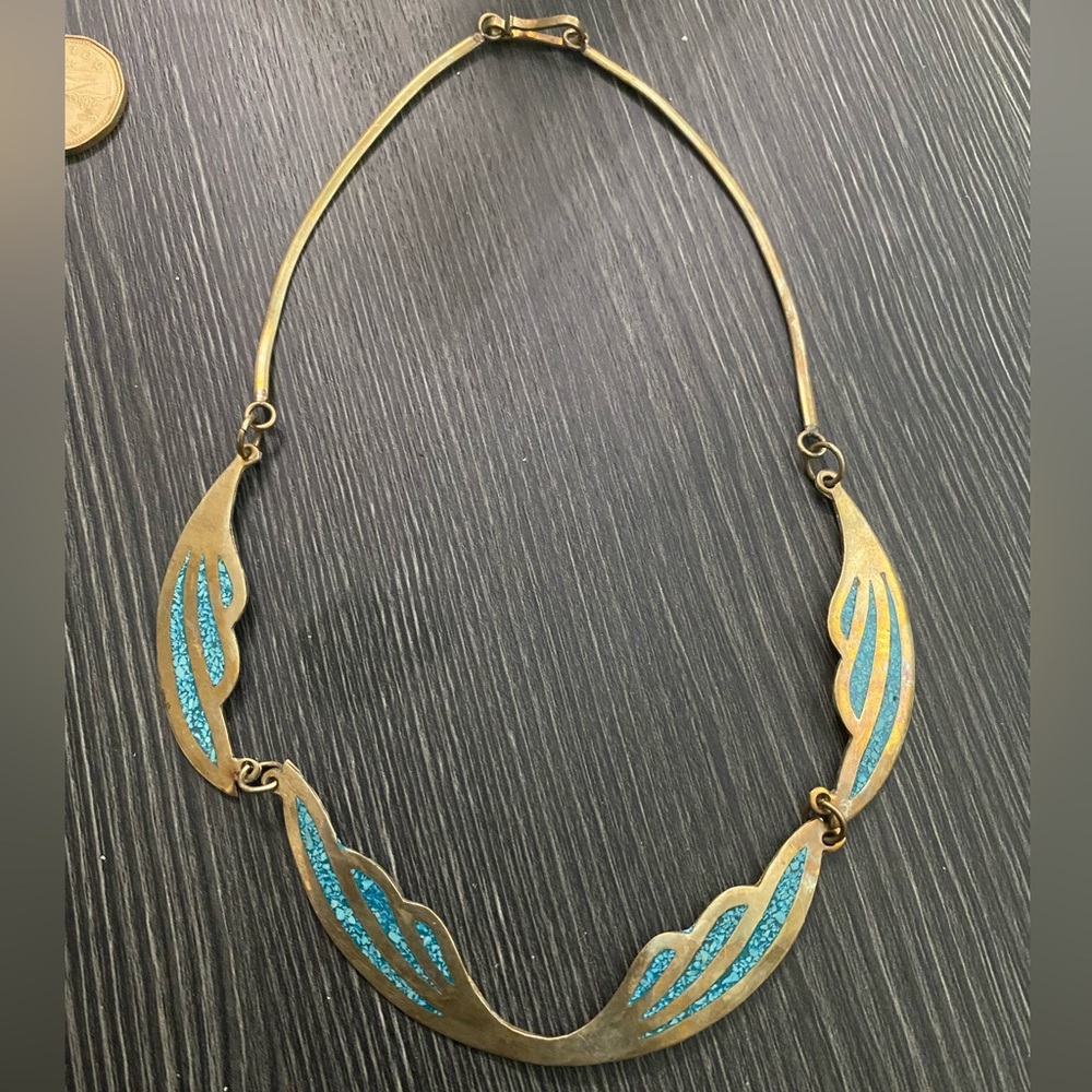 Gold-Tone Necklace with Turquoise Blue Inlay